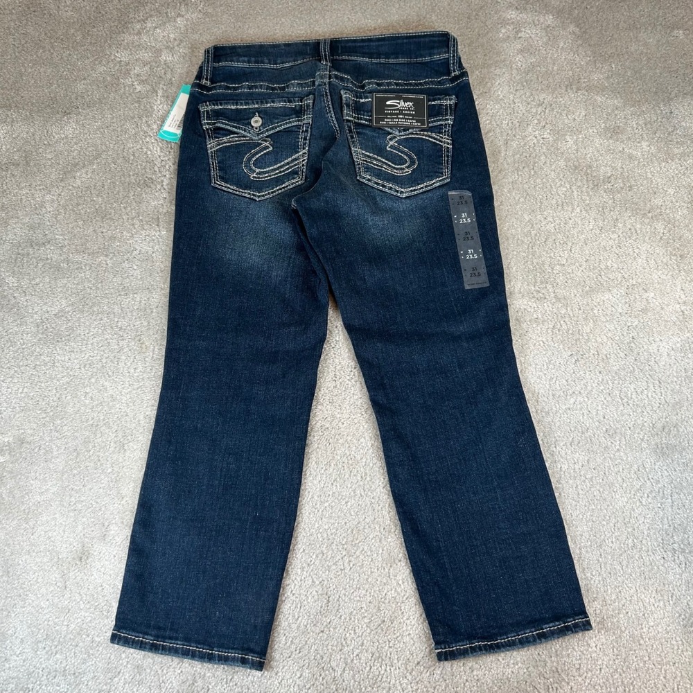 Silver Jeans Co Suki Capri Jeans Womens 31 Dark Wash Mid Rise Embroidered Flap